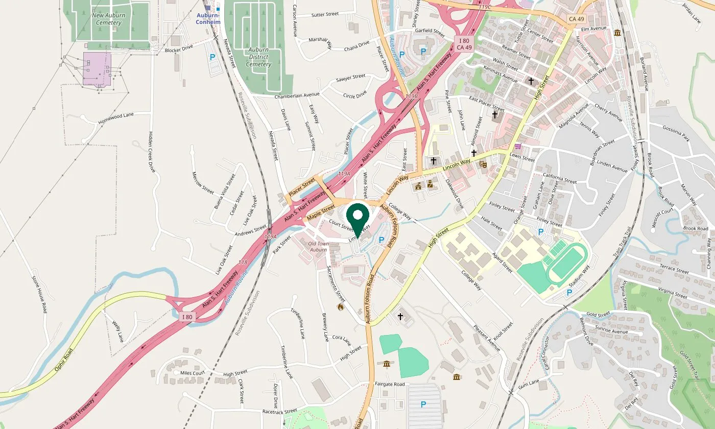 Street map showing Alta Vista Dental Care at 196 Lincoln Way, Auburn, CA 95603, just off Interstate 80 in Old Town Auburn